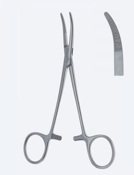 Зажими, хірургічні, гемостатичні, "Moynihan", делікатні, вигнуті, зубчаті щелепи, з кремальєрою, довжина 150 мм. Бренд - Asanus Medizintechnik Gmb, Німеччина